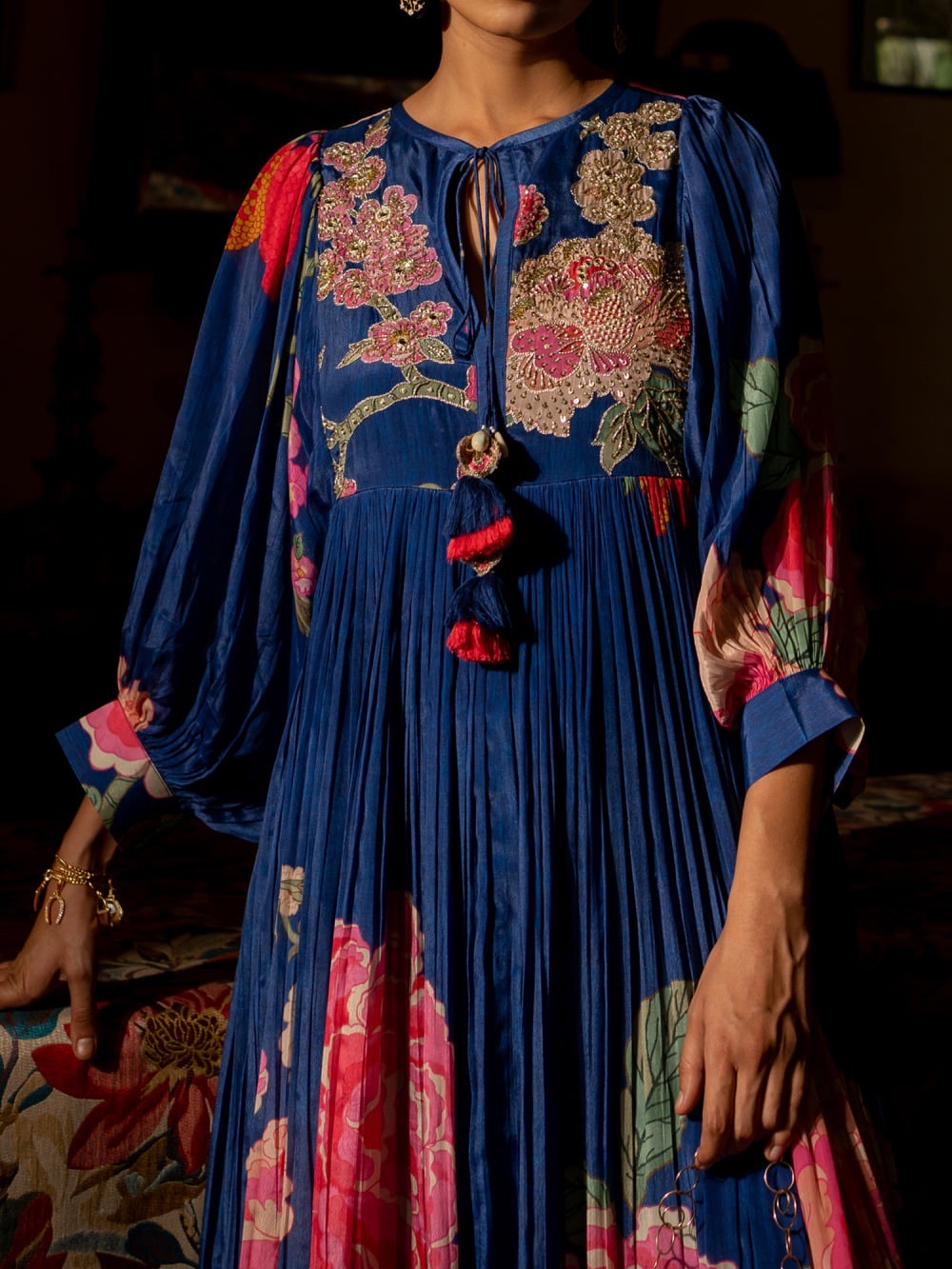 Blue Floral Pleated Midi Dress by Paulmi & Harsh